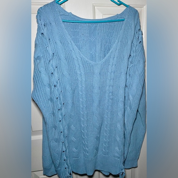 Sweaters - V Neck Oversized Cable Knit Lace Up Chunky Baby Blue Sweater Tunic‎ Top XL